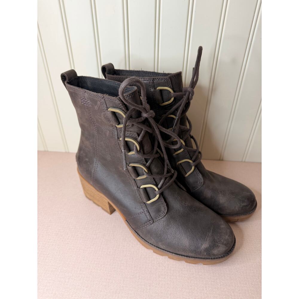 Sorel Women's Cate Lace Up Dark Brown Leather High Ankle Boot Size 9 waterproof